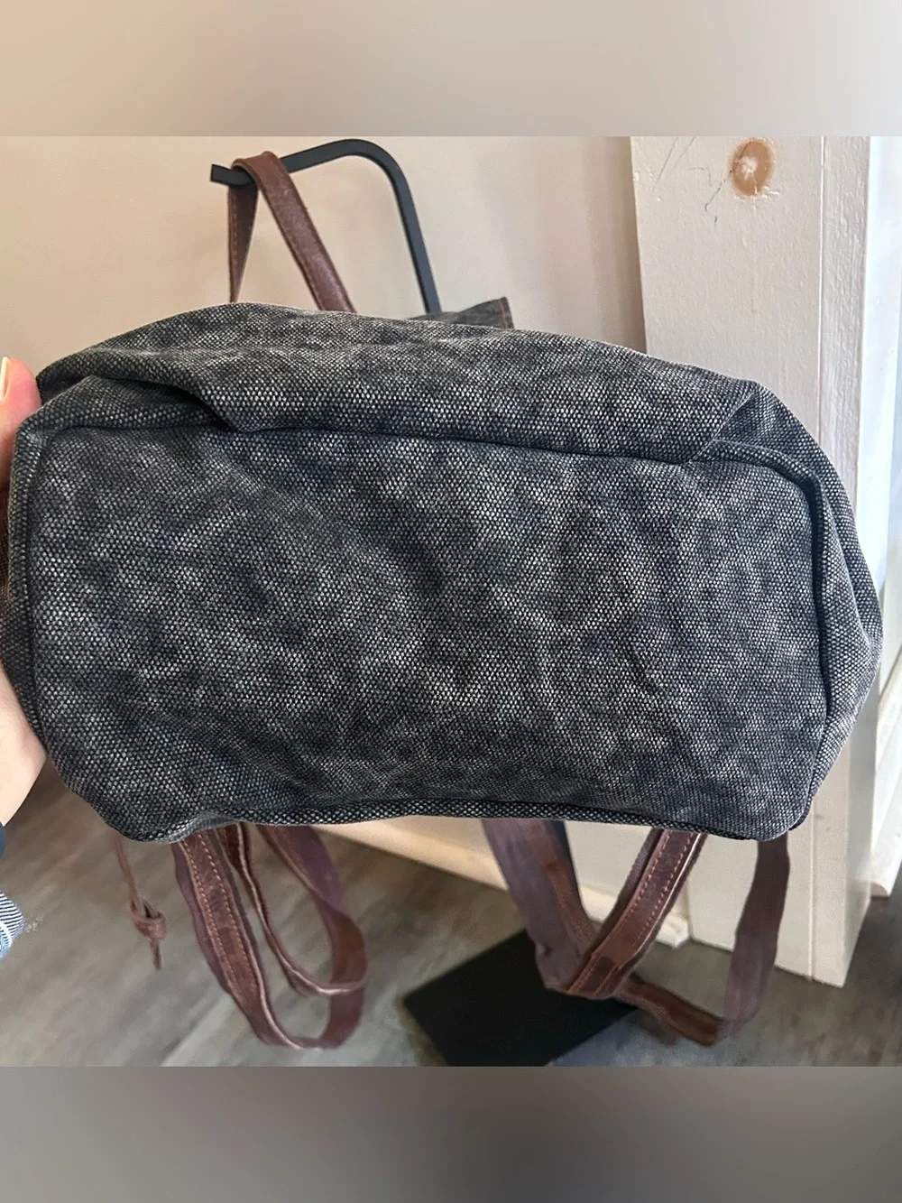 Vintage Addiction Cotton Canvas Leather Backpack Gray Brown Travel Rucksack